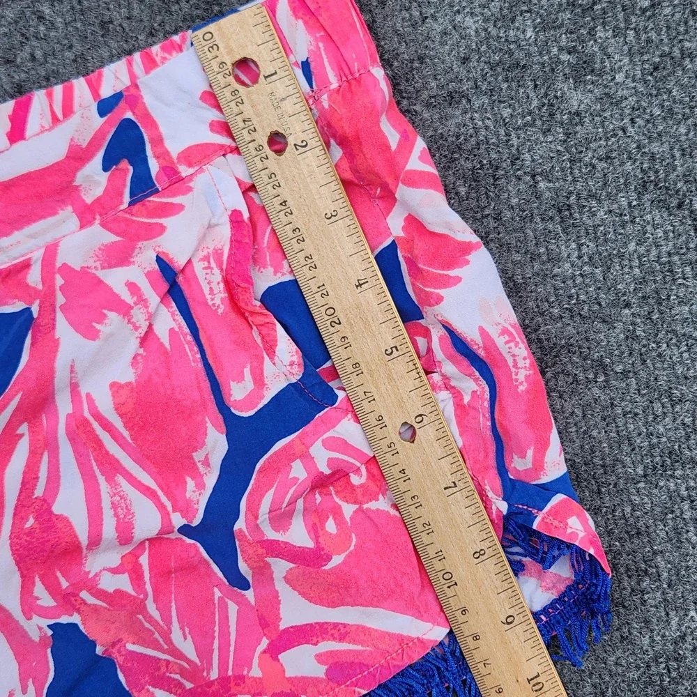 Lilly‎ Pulitzer XS Pink Blue Floral Rayon Shorts Fringe Tassel Trim Callahan